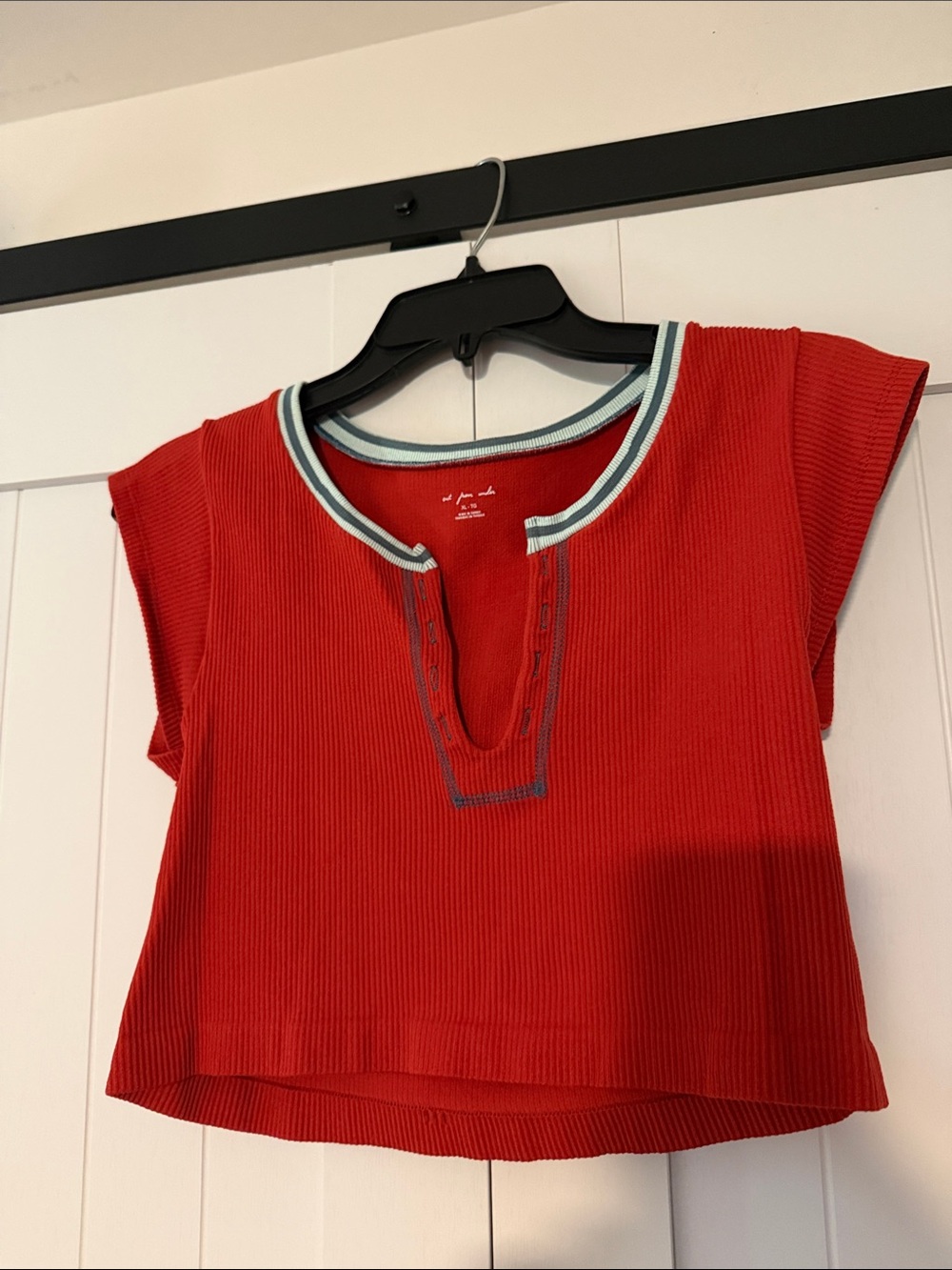 Red Ribbed Crop Top with Striped Neckline